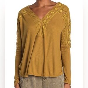 Free People Mustard Yellow Lace-Trim Long Sleeve Tee